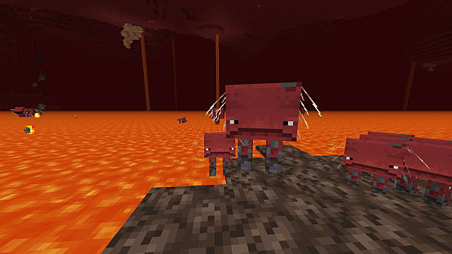 A Strider standing on a rock near lava in Minecraft 1.16.