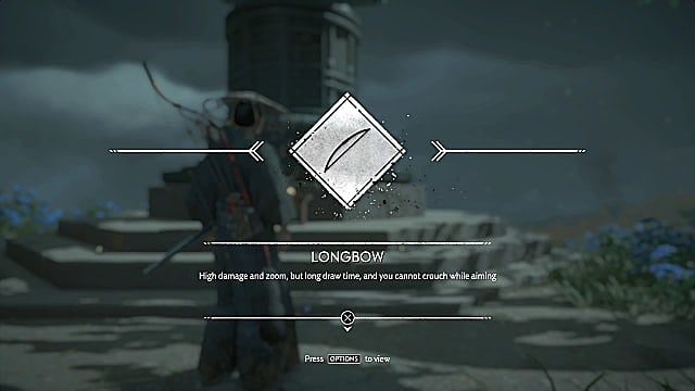 The longbow symbol alongside description text for the bow: high damage and zoom, but long draw time.