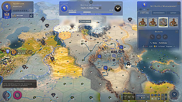 Humankind's map showing combat hexes in a war.